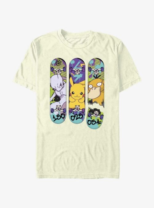 Pokemon Mewtwo, Pikachu, and Psyduck Skateboard Deck Art T-Shirt